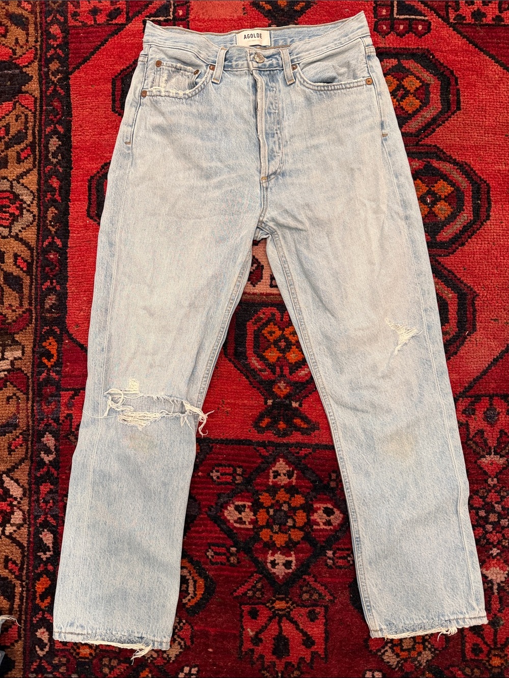 Agolde Light Wash Straight-Leg Jeans with Knee Rips